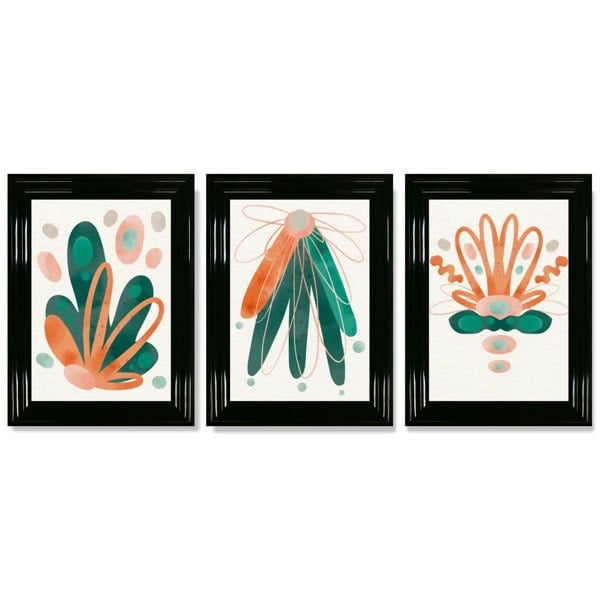 Abstract Green Orange Floral Set of 3 Framed Art Prints with Glossy Black Frames