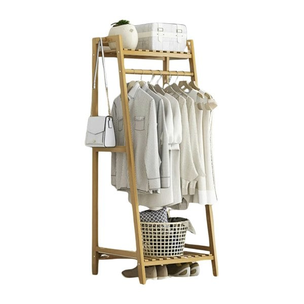 BMBO Tall Wooden Clothing Rail With Shelves Brown