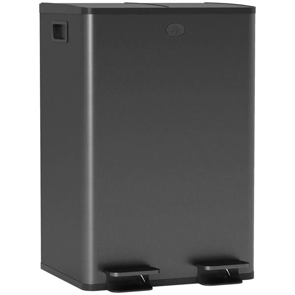 Dual-compartment stainless steel pedal bin with deodoriser holders, black rectangle.