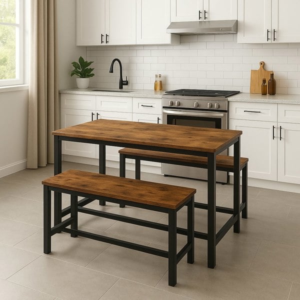 Modcraft Set of 2 Industrial Dining Benches Rustic Brown Wood and Black Steel Frame Seating 108cm