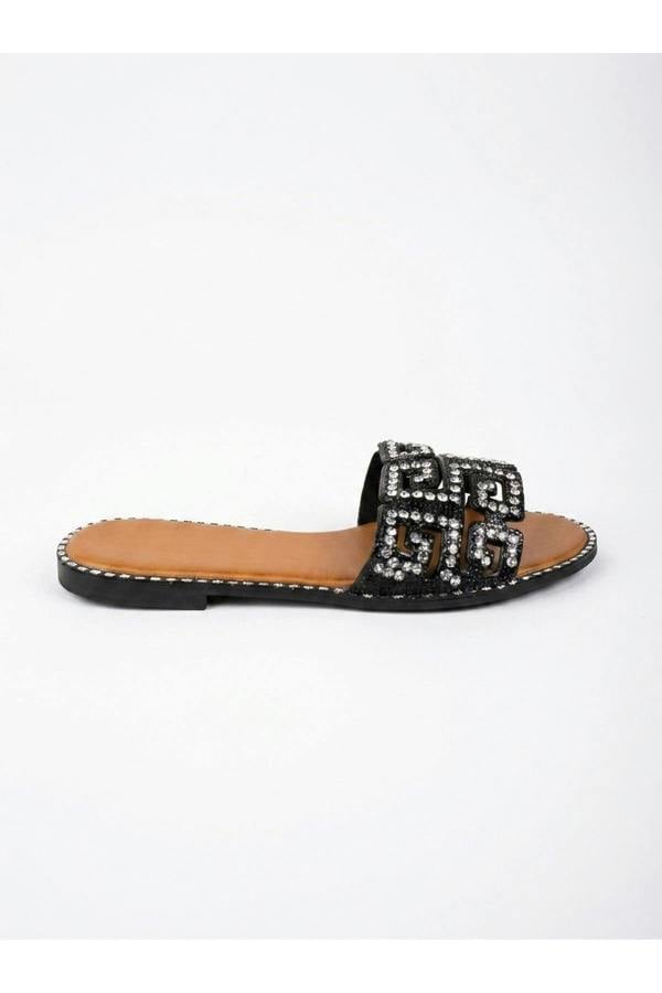 Pearl Geometric Rhinestone Embellished Sliders - Black
