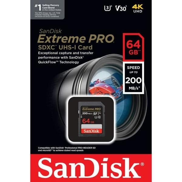 SanDisk Extreme PRO SDXC card 200MBs UHSI U3 V30 64GB