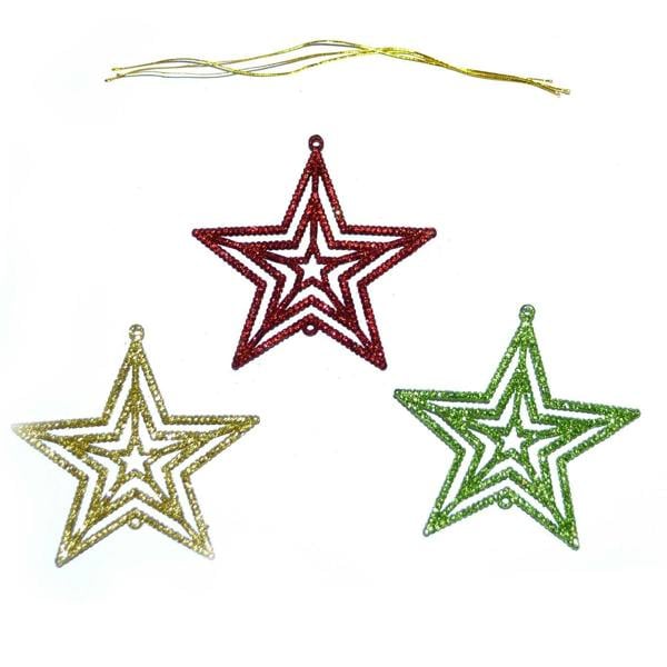 3 Pack Glitter Star Hanging Christmas Tree Decorations in Red, Green and Gold image 5