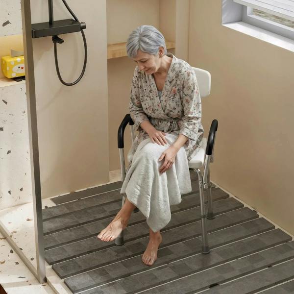 White adjustable shower chair with backrest and black armrests, person seated for support