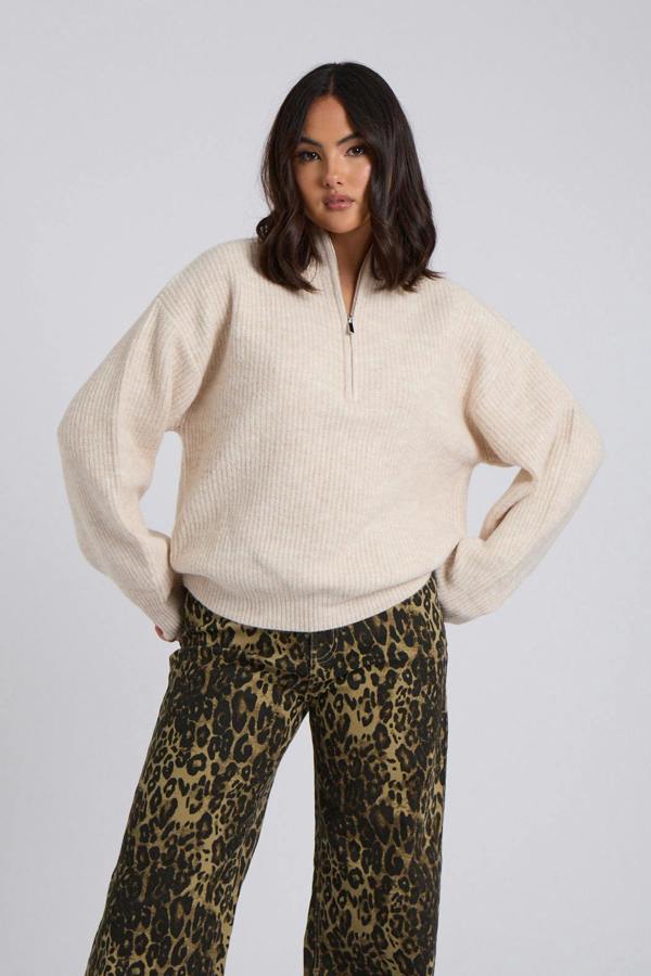 Urban Bliss Cream Ribbed Oversized Half Zip Jumper