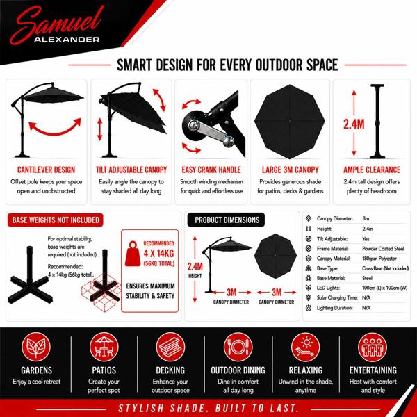 Samuel Alexander 3m Cantilever Parasol in Black with Crank Handle - Patio Garden Banana Parasol with UV Protection Outdoor Umbrella Sun Shades-Garden