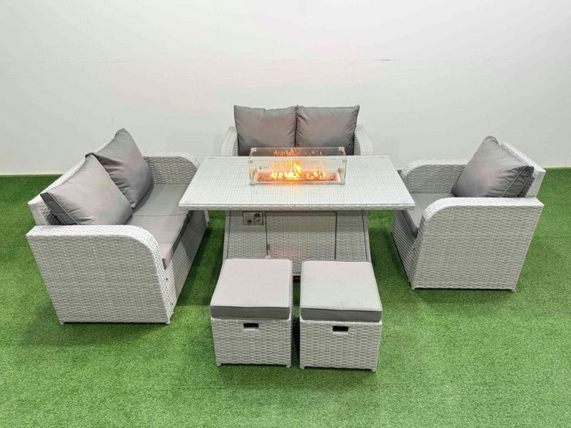 Fimous High Back Poly Rattan Garden Furniture Set with Reclining Chair Loveseat Sofa Fire Pit Dining Table Indoor Outdoor Patio Set 2 Stool Light Grey