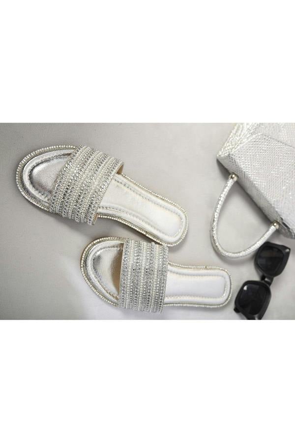 Melinda Open Toe Embellished Flat Sandals - Silver