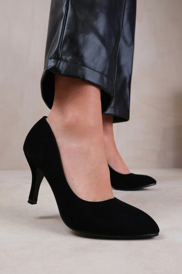 Where's That From Paola Mid High Heel Court Pump Shoes With Pointed Toe in Black Suede