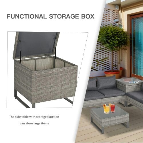 Bobobiy 4 Pieces Rattan Garden Set, 4 Seater Garden Sofa Set with Storage Box, Wicker Outdoor Conservatory Furniture with Cushions, Grey