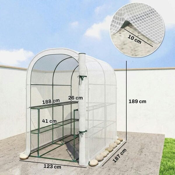 Bobobiy Walk-in Greenhouse with Shelves, Small Greenhouse with PE Cover and Roll-up Door, 123 x 187 x 189 cm, White