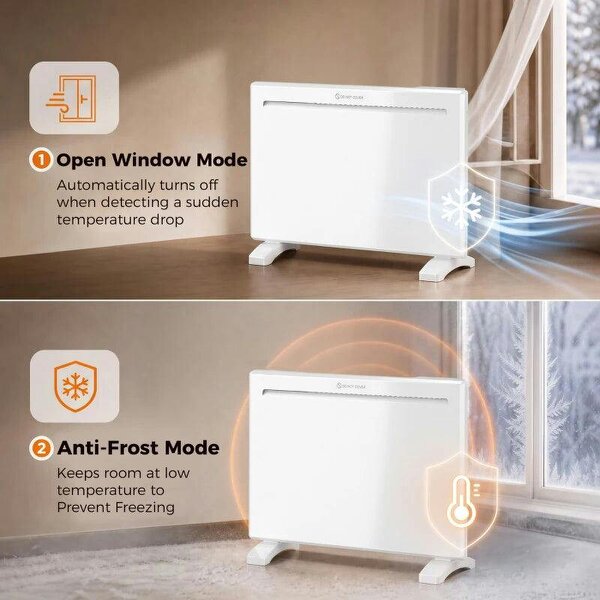 Smart Panel Heater Wall Mounted/Freestanding, Electric Heater with Weekly Timer, Open Window & Anti-Frost, 1000W, White