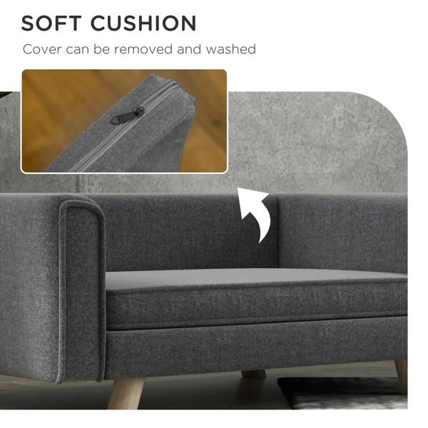 Grey dog sofa bed cushion with removable, washable cover zipper detail
