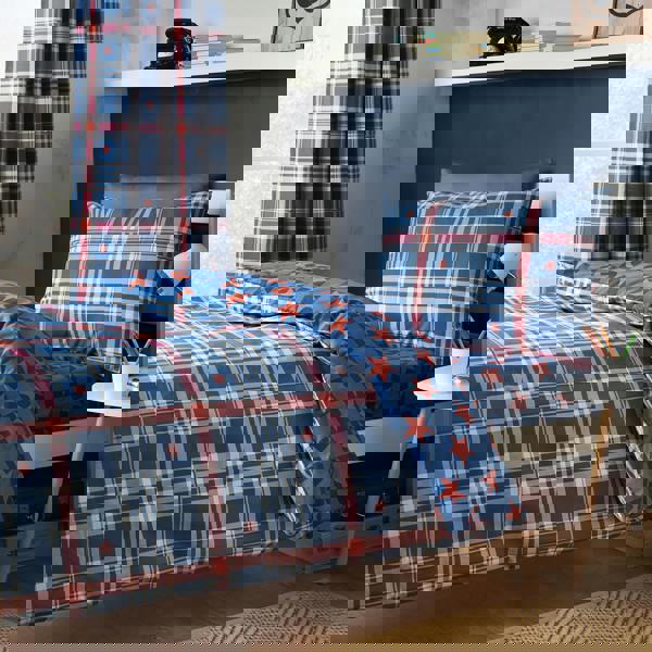 Catherine Lansfield Stars And Check Reversible Duvet Cover Set Blue