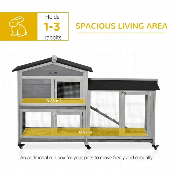Grey rabbit hutch with black top roofs and integrated ramp; spacious multi-level mesh run