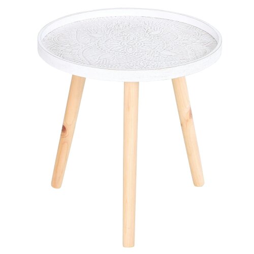 Wyld Haus Nona Wood White Round Coffee Table With Carved Floral Tray Top