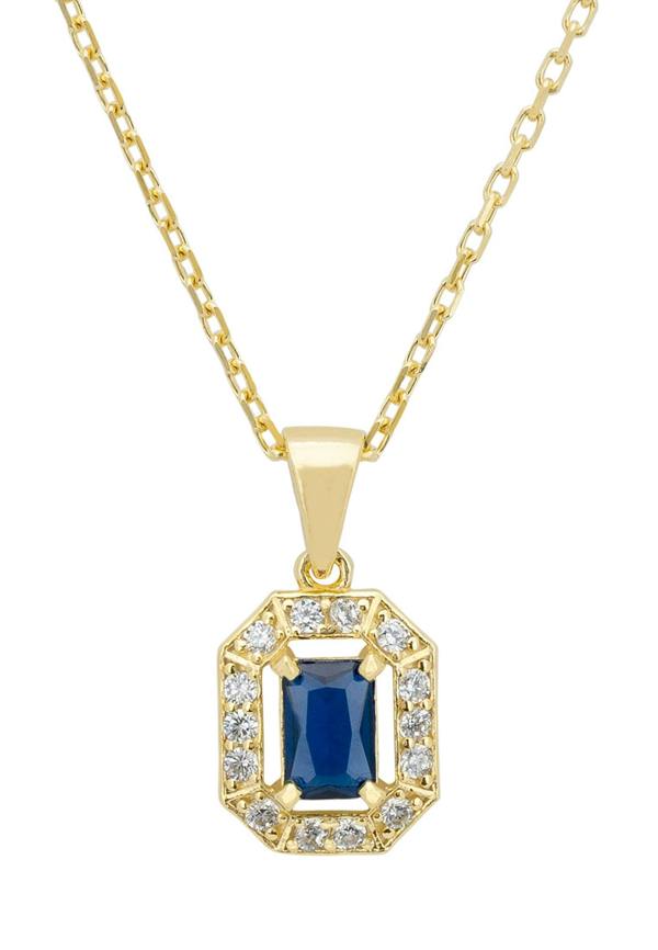 Gold pendant necklace with a blue gemstone and clear stones on a white background