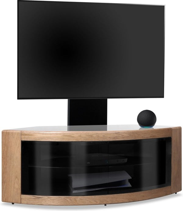 Centurion Supports PANGEA Black/Oak Beam-Thru Curved True-Corner 32"-50" TV Cabinet with Mounting Arm