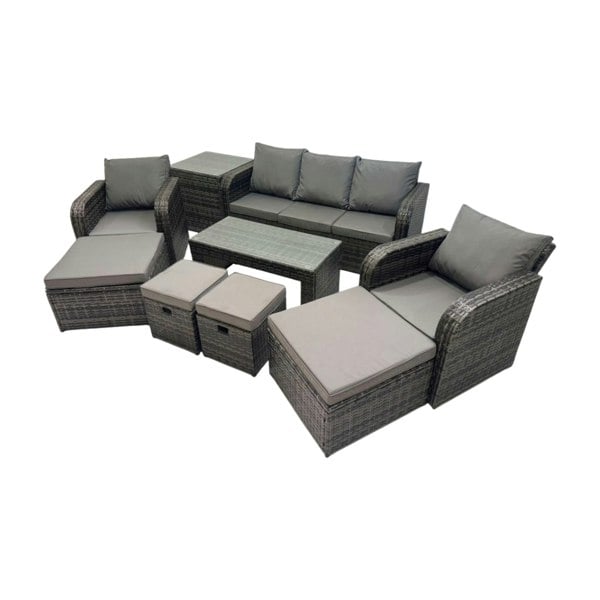 Fimous Rattan Garden Outdoor Furniture Set 3 Seater Sofa Reclining Chair Coffee Table with Side Table 4 Footstools Dark Grey Mixed