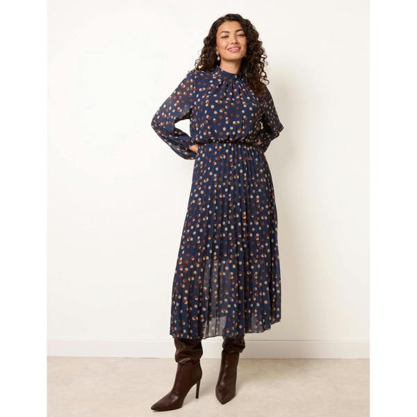Blue Vanilla Shadow Polka Dot High Neck Pleated Dress