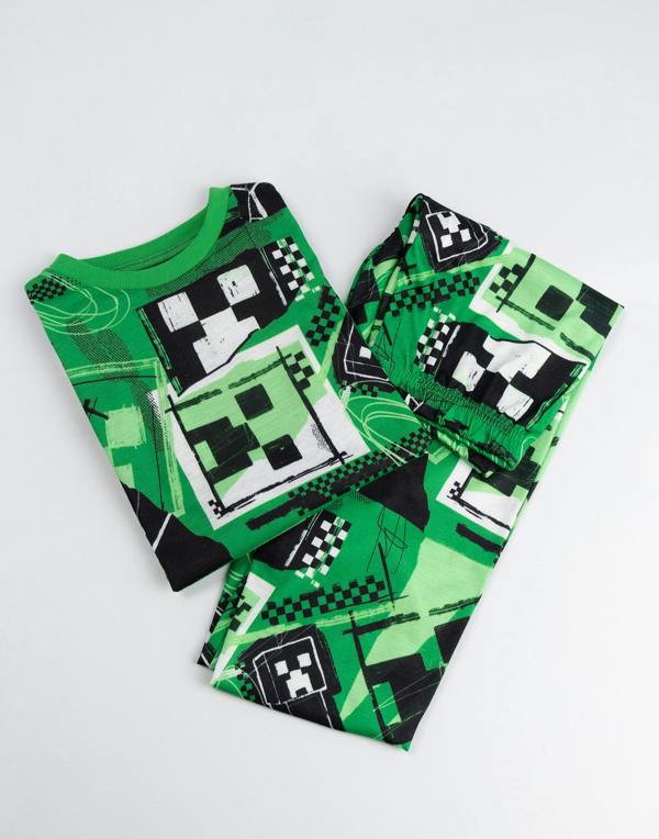 Vanilla Underground Minecraft Boys Green Creeper Long Sleeve Long Leg Pyjama and Jumper 3 Piece Set