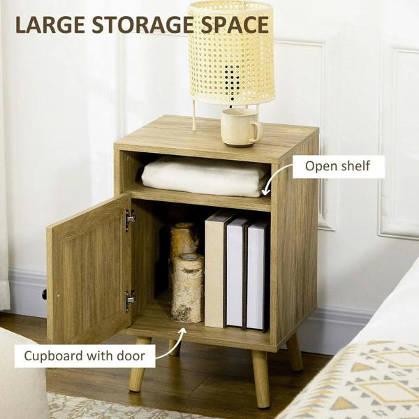 Natural wood bedside cabinet with open shelf and rattan door, showing interior storage