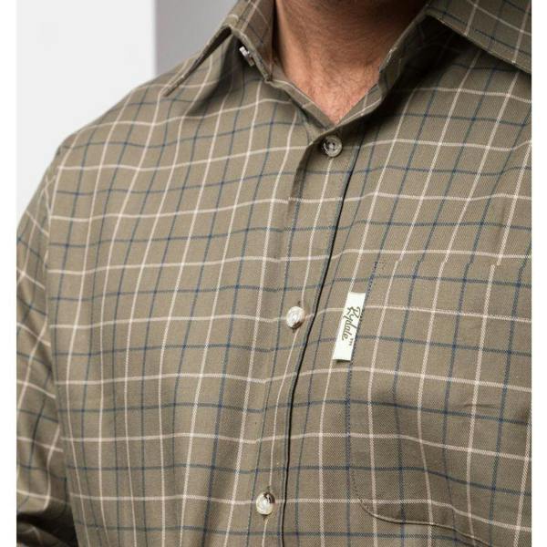 Chest pocket and check pattern detail of the Rydale Gransmoor Mens Country Check Shirt in Olive.