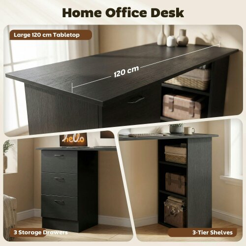 Wyld Haus Malilu 120cm Wooden Black Home Office Desk With 3 Shelves And Drawer Storage