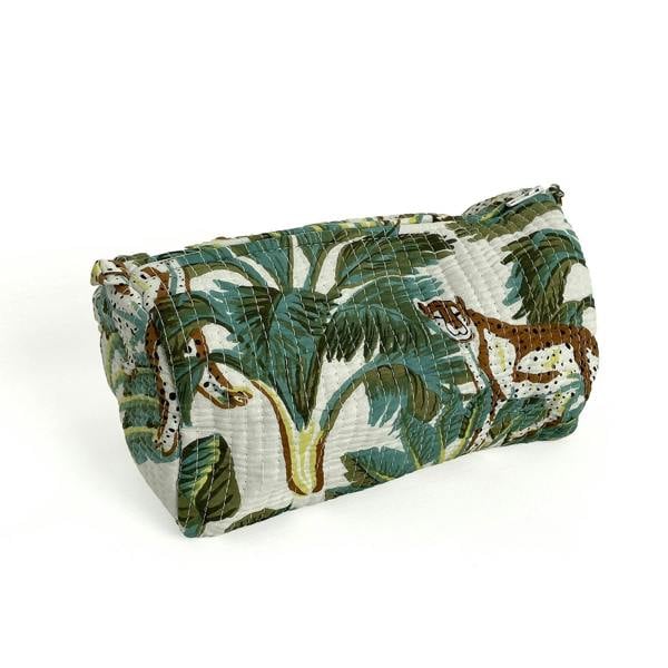 Hayley & Co Wild Animal Print Cotton Washbag, Make Up Bag, Pencil Case with Waterproof Lining - Wild Animal Print in White