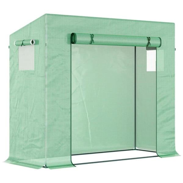 Green walk-in greenhouse with steel frame, roll-up door and side window panels