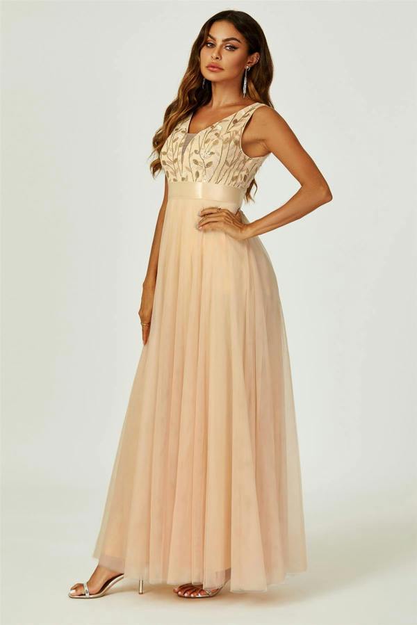 FS Collection Sequin Top V Neck Bridesmaid Maxi Dress In Gold