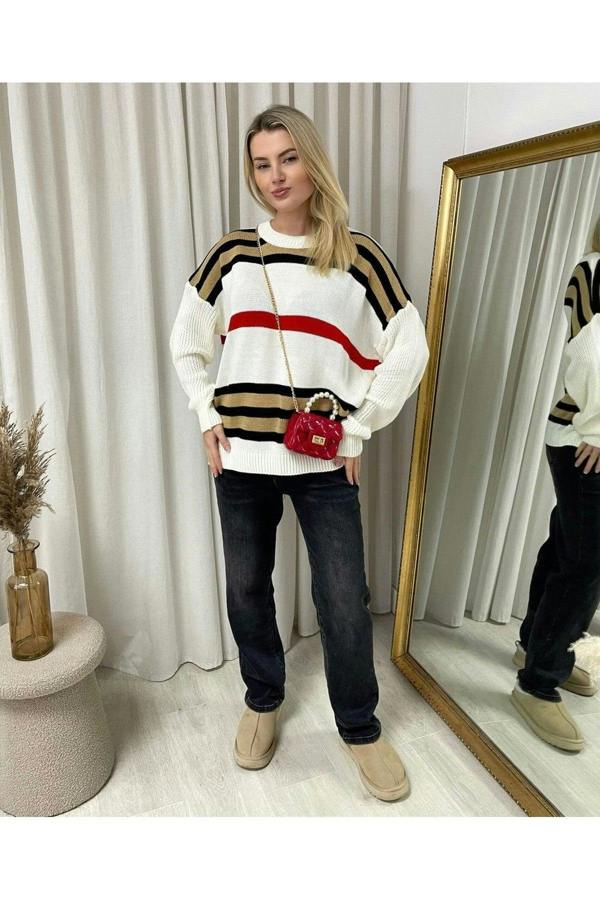 Ava Oversized Striped Long Sleeve Knitted Jumper - White
