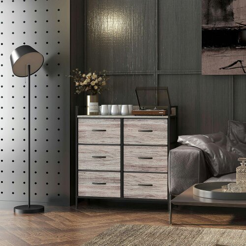 Wyld Haus Ferris Fabric And Wood Grey Wood Effect 6 Drawer Rustic Storage Chest