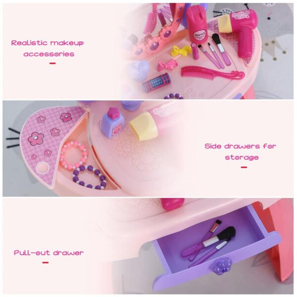 HOMCOM Kids Pretend Play Plastic Vanity Table Set Pink/Purple