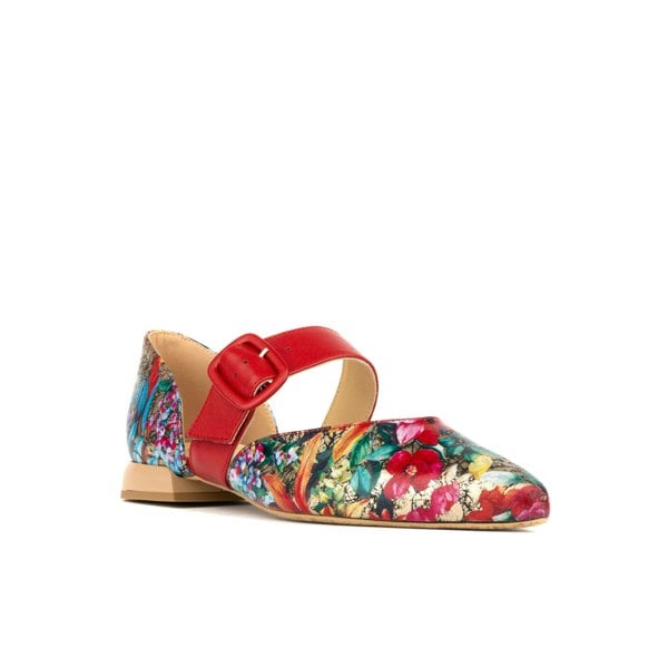 Embassy London Lush - Red & Floral - Women's leather pointed ballet pump with buckle strap
