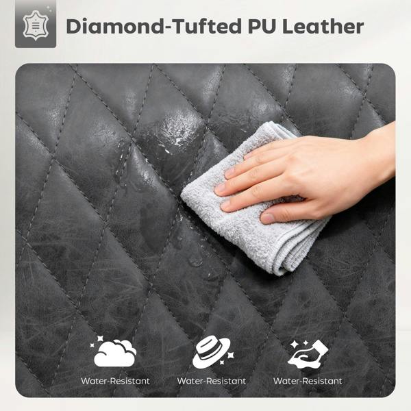 Dark grey diamond-tufted PU leather bar stool seat and back with wipe-clean finish