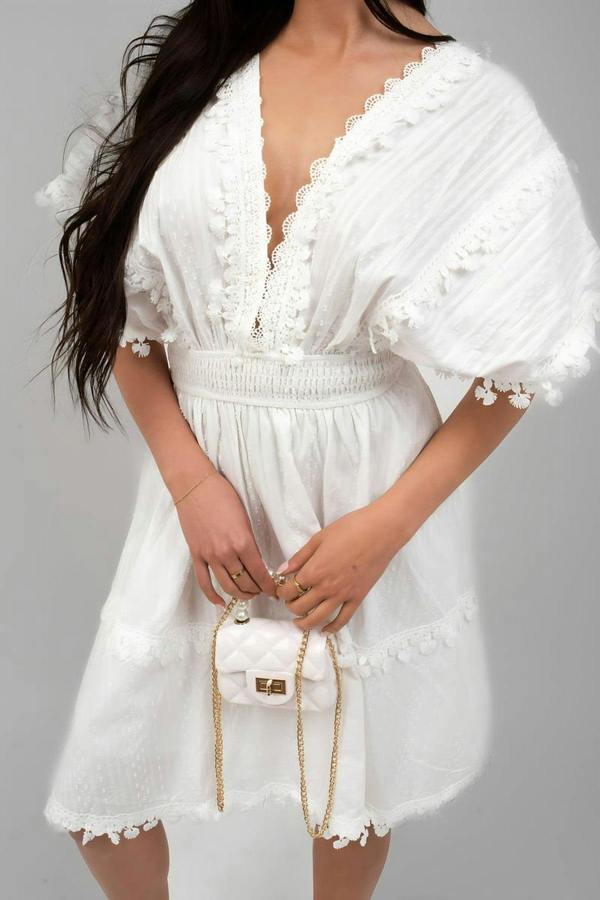 Serina Short Sleeve Deep V-neck Mini Dress With Open Back And Lace Trim - White