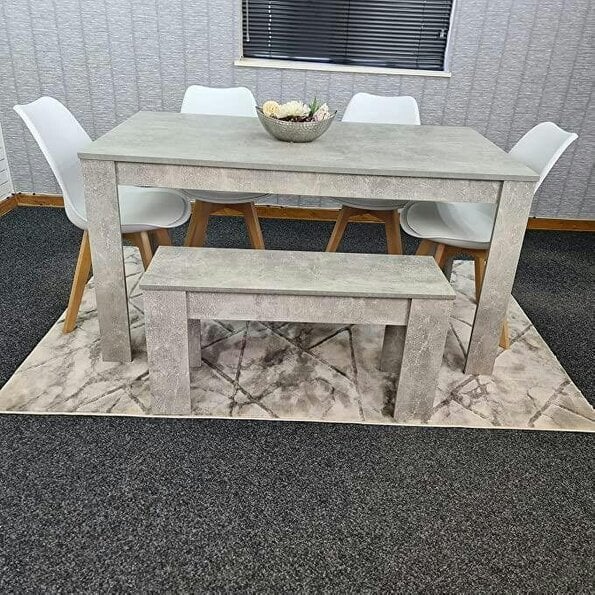 Kosy Koala Stone Grey Effect Wood Dining Table Set with Bench and 4 White Plastic Chairs ? Modern Dining Room Furniture