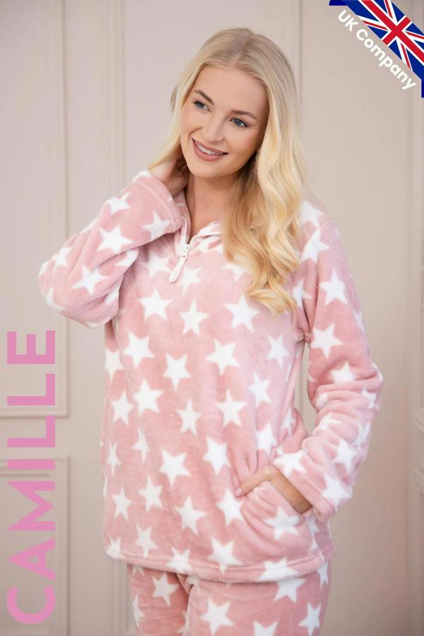 Womens Supersoft Velour Fleece Star Print Pyjama Set