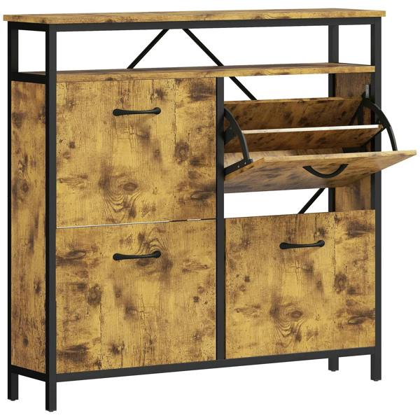 Rustic brown shoe storage cabinet with two flip drawers and open shelf, black legs