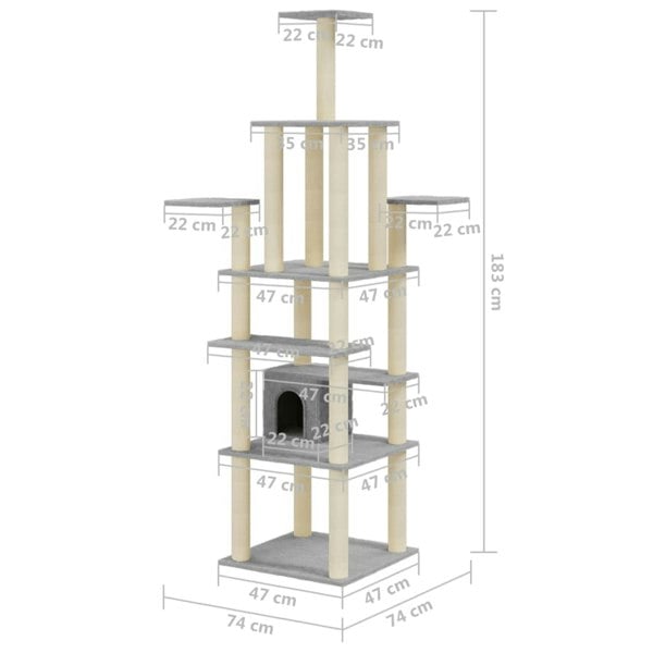 Berkfield Cat Tree with Sisal Scratching Posts Light Grey 183 cm
