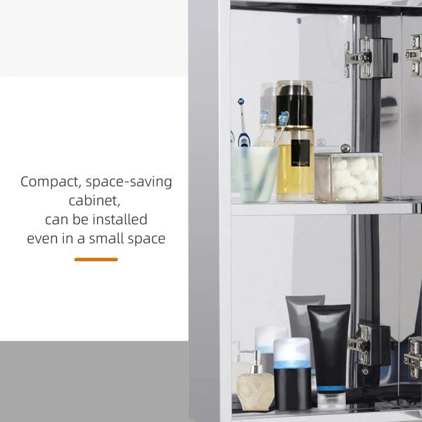 Open mirror storage cabinet with toiletries on inner shelves and silver frame