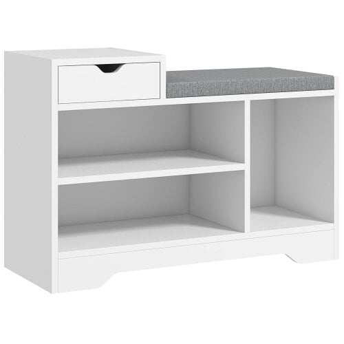 Wyld Haus Norata Wooden White Multi Compartment Shoe Bench With Grey Cushioned Seat