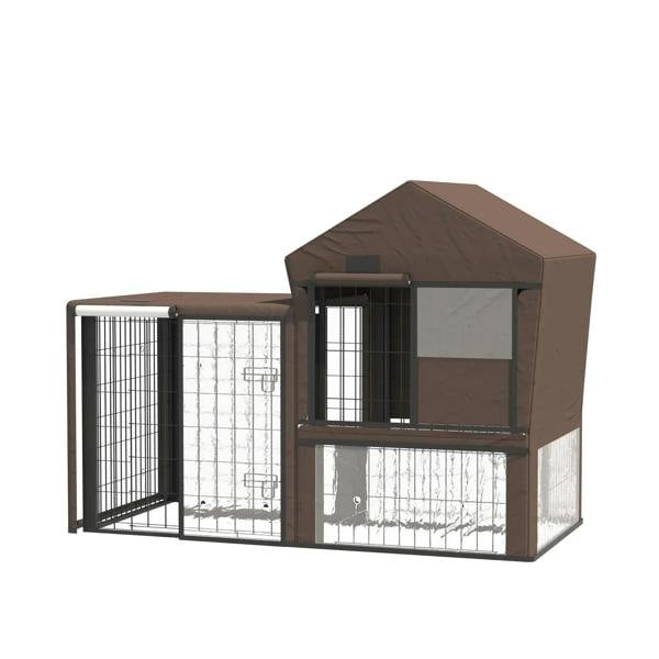 Brown water-resistant pet cage cover for rabbit hutch with clear front window panels
