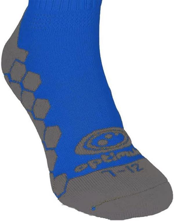Close-up of royal blue Classico sock grey grip sole with Optimum logo and 7-12 size - Optimum