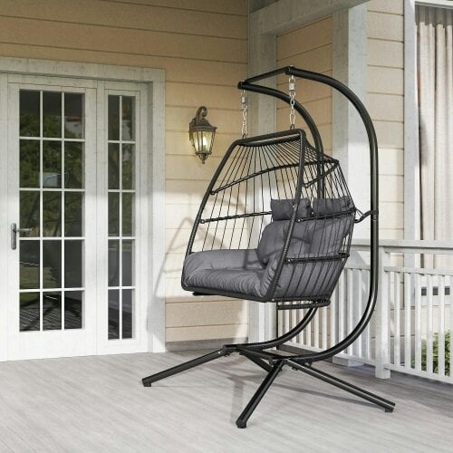 Bobobiy Rattan Double Hanging Egg Chair with Stand, Foldable Wicker Swing Egg Chair with Cushion, Steel Frame, Capacity 260 kg, Dark Grey