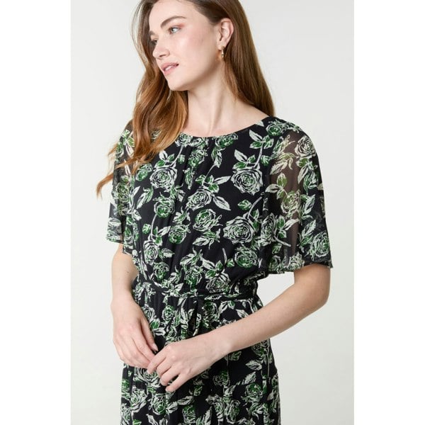Blue Vanilla Floral Crew Neck Mesh Midi Dress