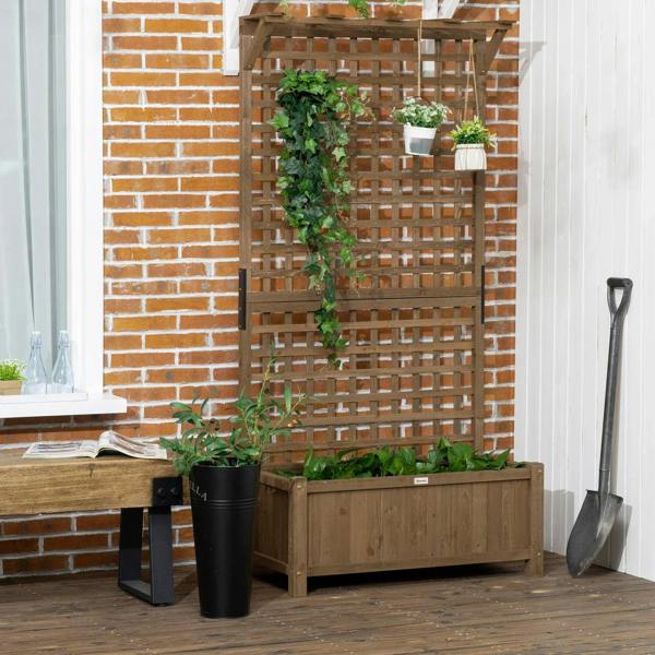 Brown wooden trellis planter with raised bed and open grid panel at front