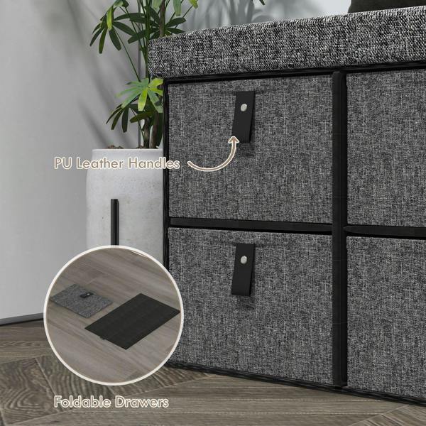 Dark grey shoe storage bench with PU leather handle pulls and padded top