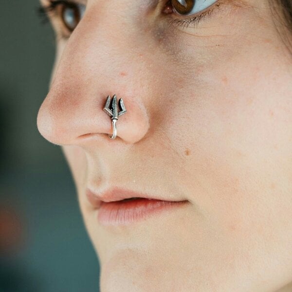 The Colourful Aura Oxidized German Silver Trident Non Pierced Clip On Traditional Indian Nose Pin